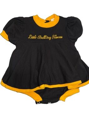 Vintage 1980s Little King Little Bulldog Princess Black Gold Bubble Romper Dress